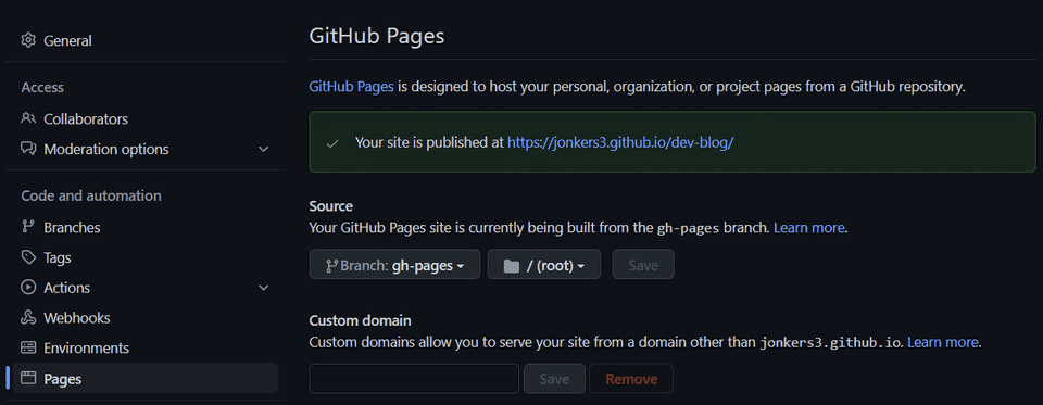 github pages settings
